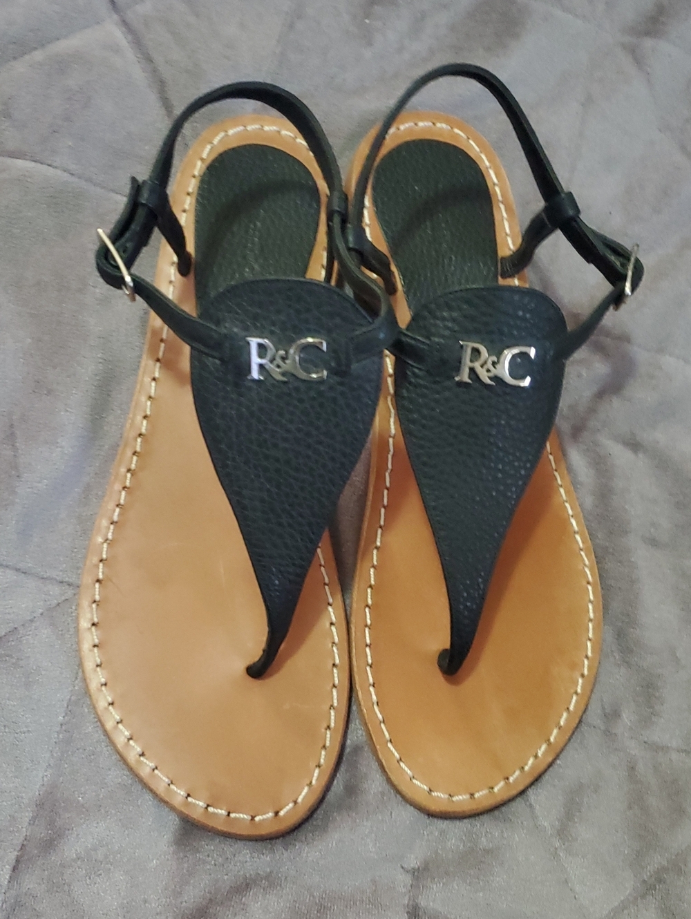 Rossi & Caruso Black Leather T-Strap Sandals with Tan Footbed Size 38